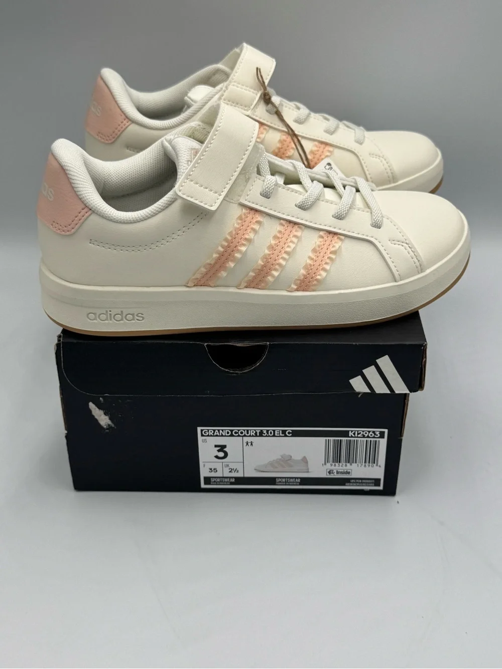 Adidas Grand Court 3.0 EL C Kids 3Y White Pink Hook & Loop NIB KI2963